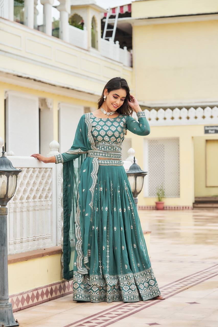 Luxuriant Sky & Pink Color Georgette Lehenga Choli