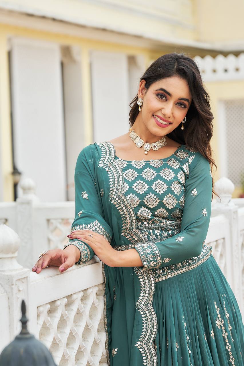 Luxuriant Sky & Pink Color Georgette Lehenga Choli