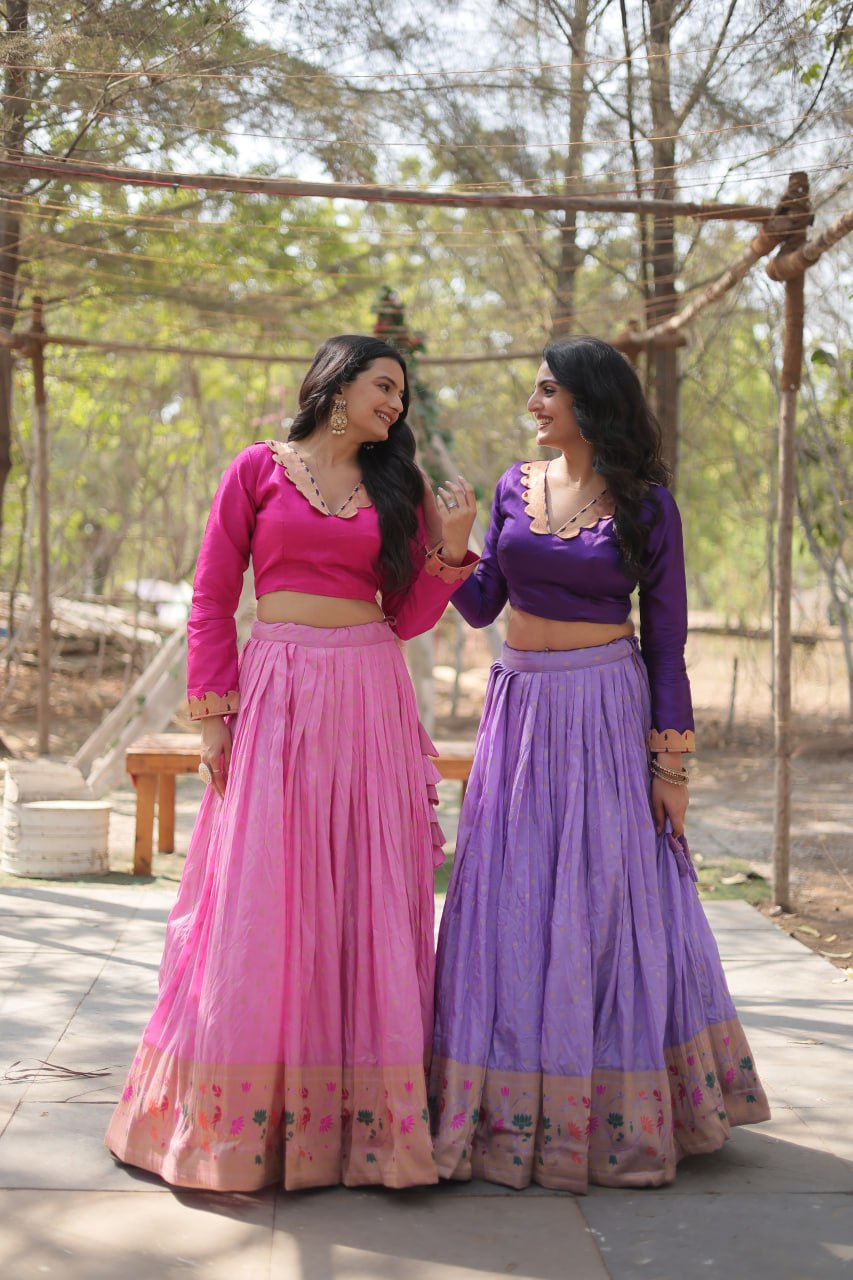 Graceful Lavender And Pink Color Kalamkari Zari Border Lehenga Choli