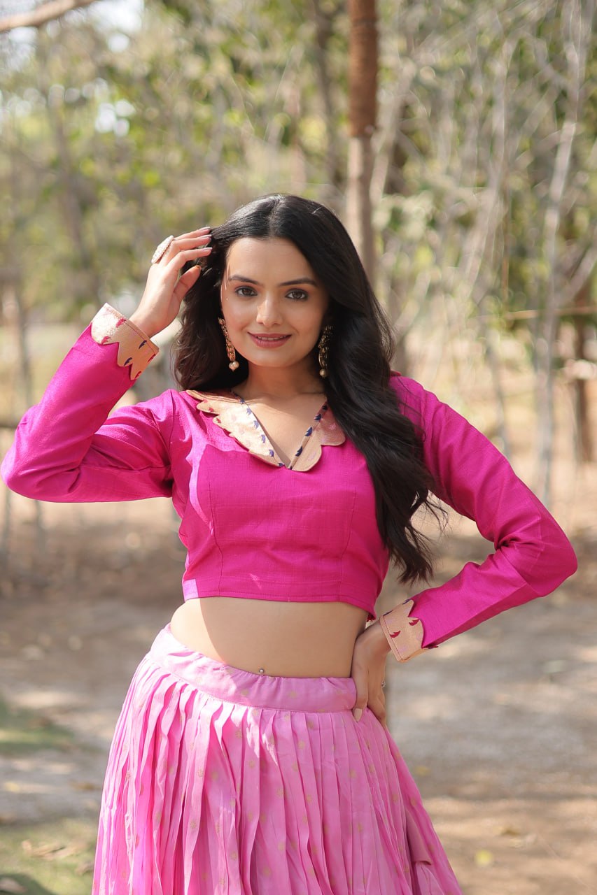 Graceful Lavender And Pink Color Kalamkari Zari Border Lehenga Choli