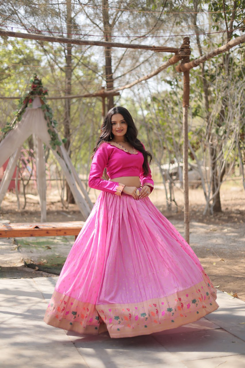 Graceful Lavender And Pink Color Kalamkari Zari Border Lehenga Choli