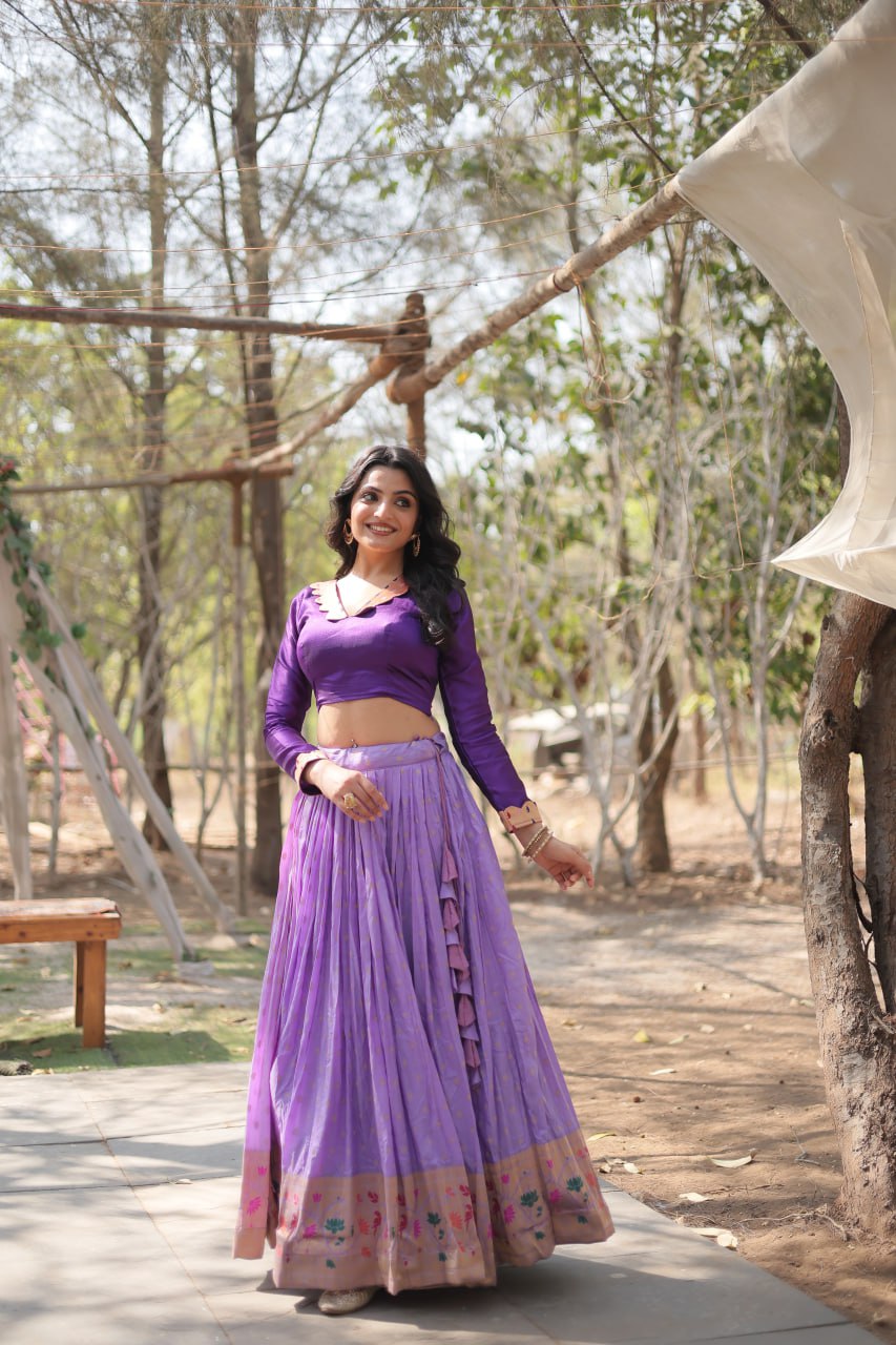 Graceful Lavender And Pink Color Kalamkari Zari Border Lehenga Choli