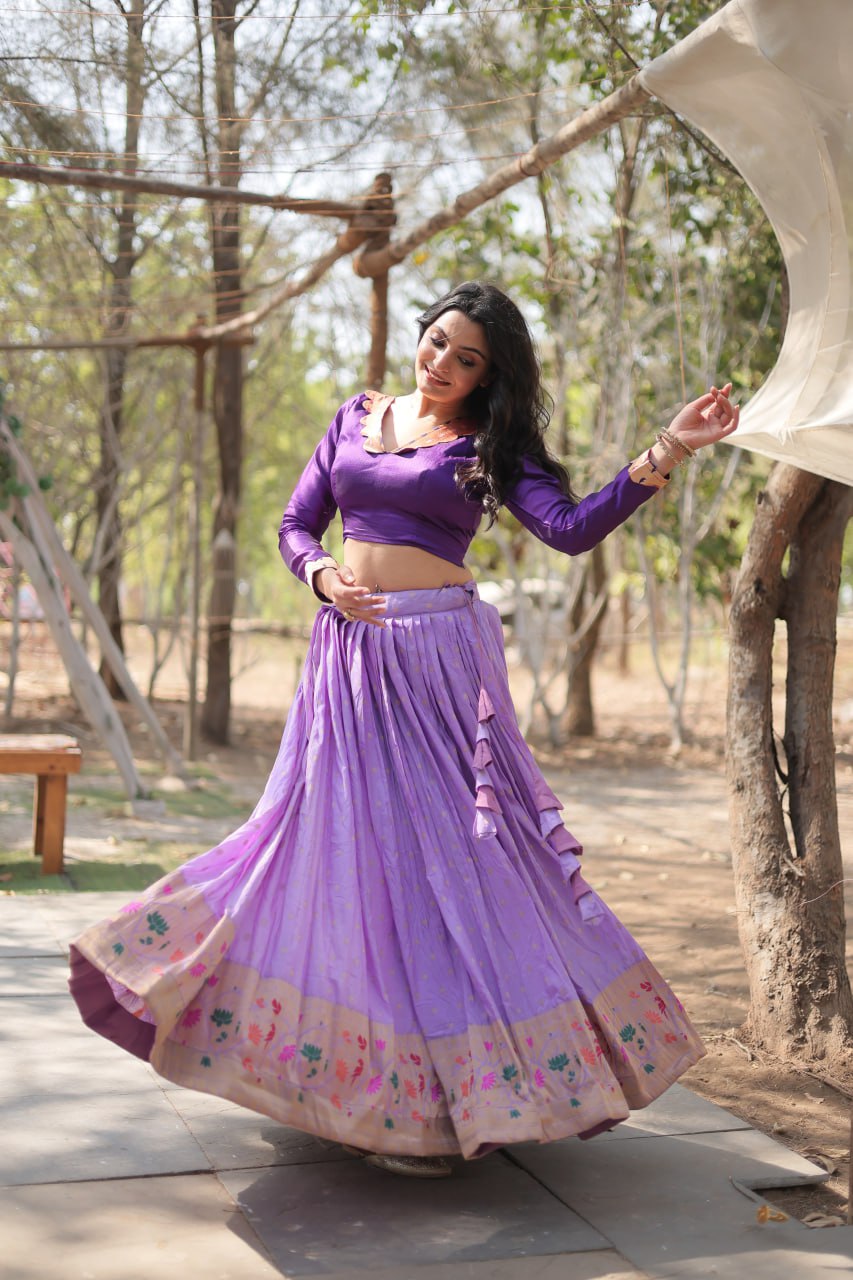 Graceful Lavender And Pink Color Kalamkari Zari Border Lehenga Choli