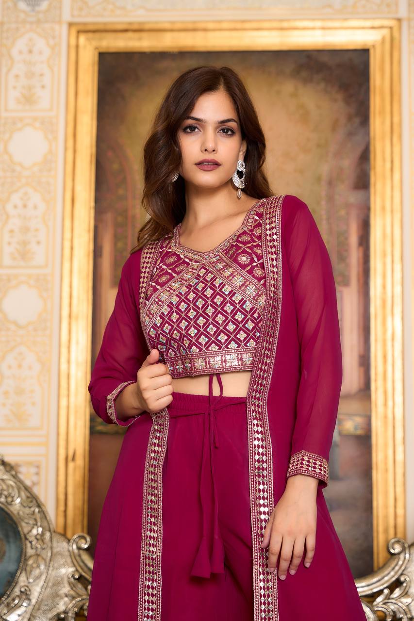 Traditional Wear Georgette Red & Purple Color Palazzo With Shrug
