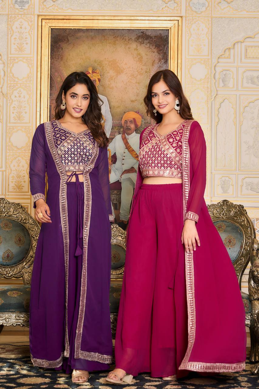 Traditional Wear Georgette Red & Purple Color Palazzo With Shrug