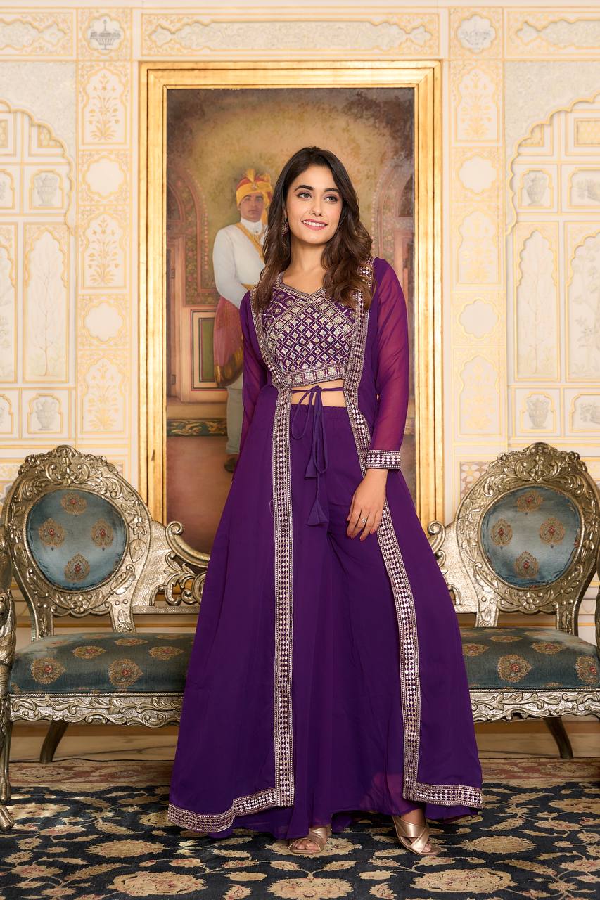 Traditional Wear Georgette Red & Purple Color Palazzo With Shrug