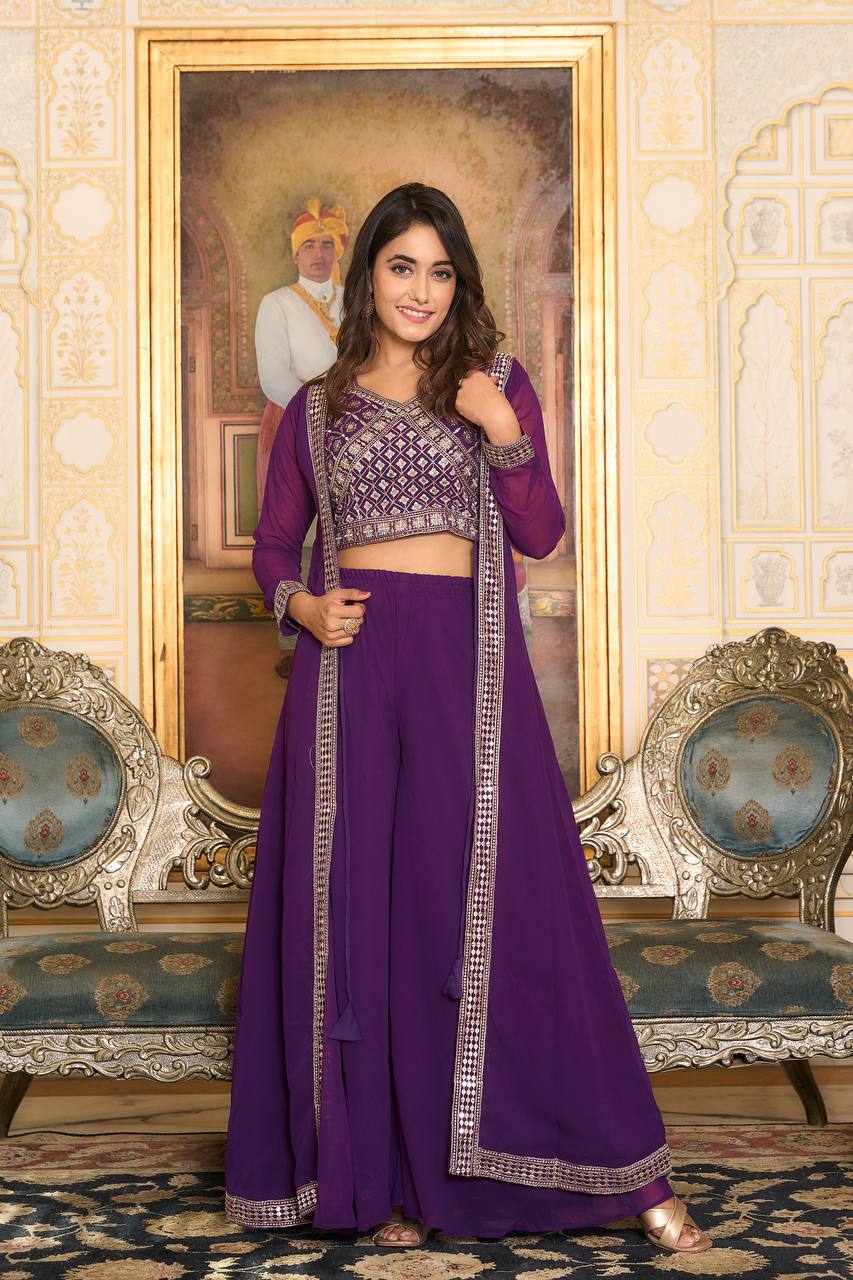 Traditional Wear Georgette Red & Purple Color Palazzo With Shrug
