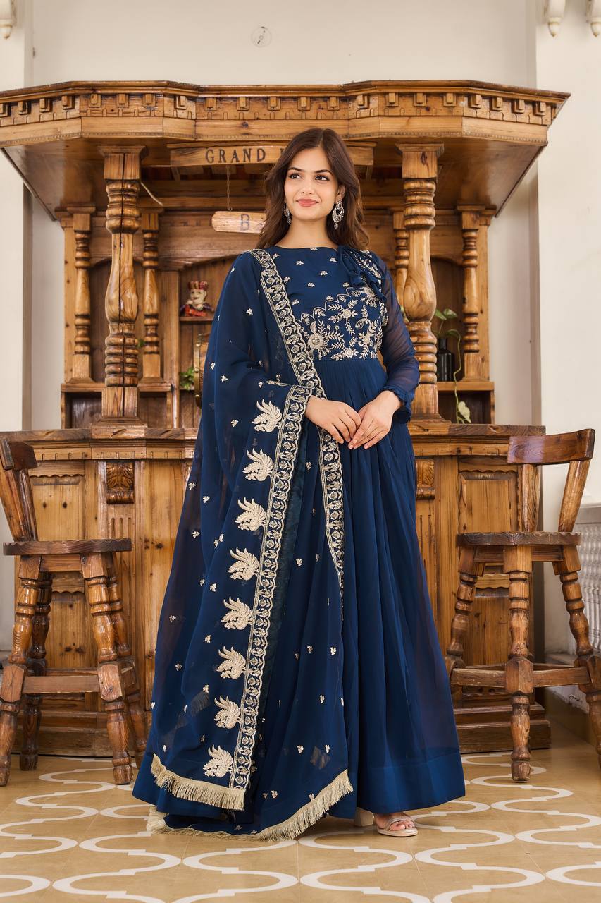 Fantastic Georgette Navy Blue & Red Color Gown