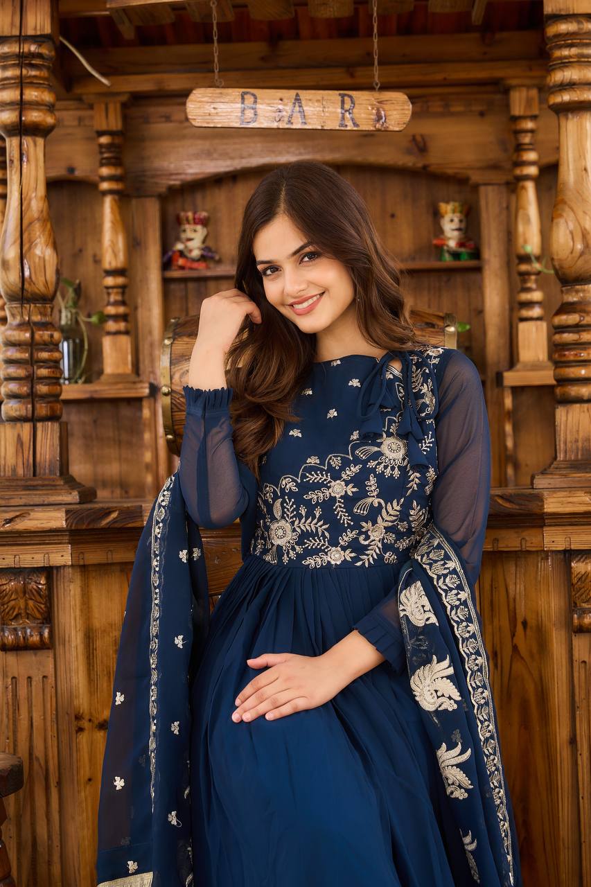 Fantastic Georgette Navy Blue & Red Color Gown