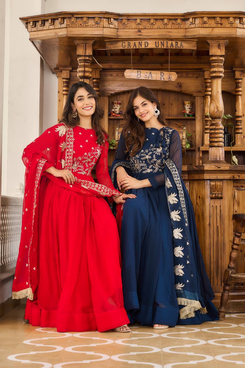 Fantastic Georgette Navy Blue & Red Color Gown