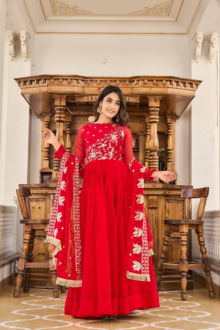 Fantastic Georgette Navy Blue & Red Color Gown