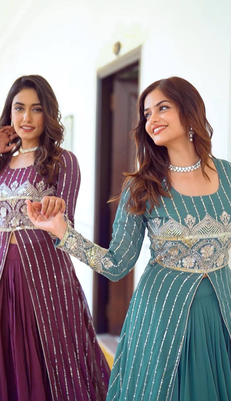 Fantastic Georgette Wine & Sky Color Lehenga Choli
