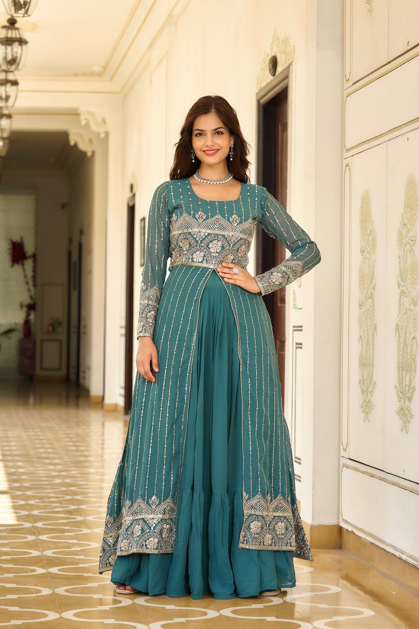 Fantastic Georgette Wine & Sky Color Lehenga Choli