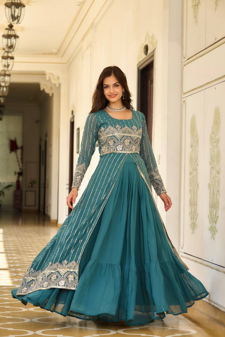 Fantastic Georgette Wine & Sky Color Lehenga Choli