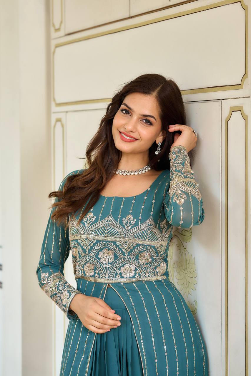 Fantastic Georgette Wine & Sky Color Lehenga Choli