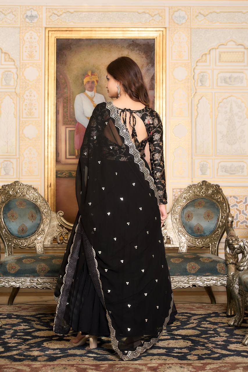 Eyes Catching Georgette Purple & Black Color Gown With Dupatta