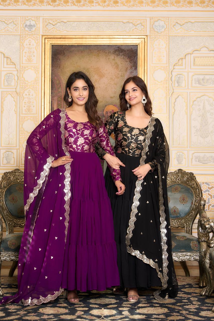 Eyes Catching Georgette Purple & Black Color Gown With Dupatta