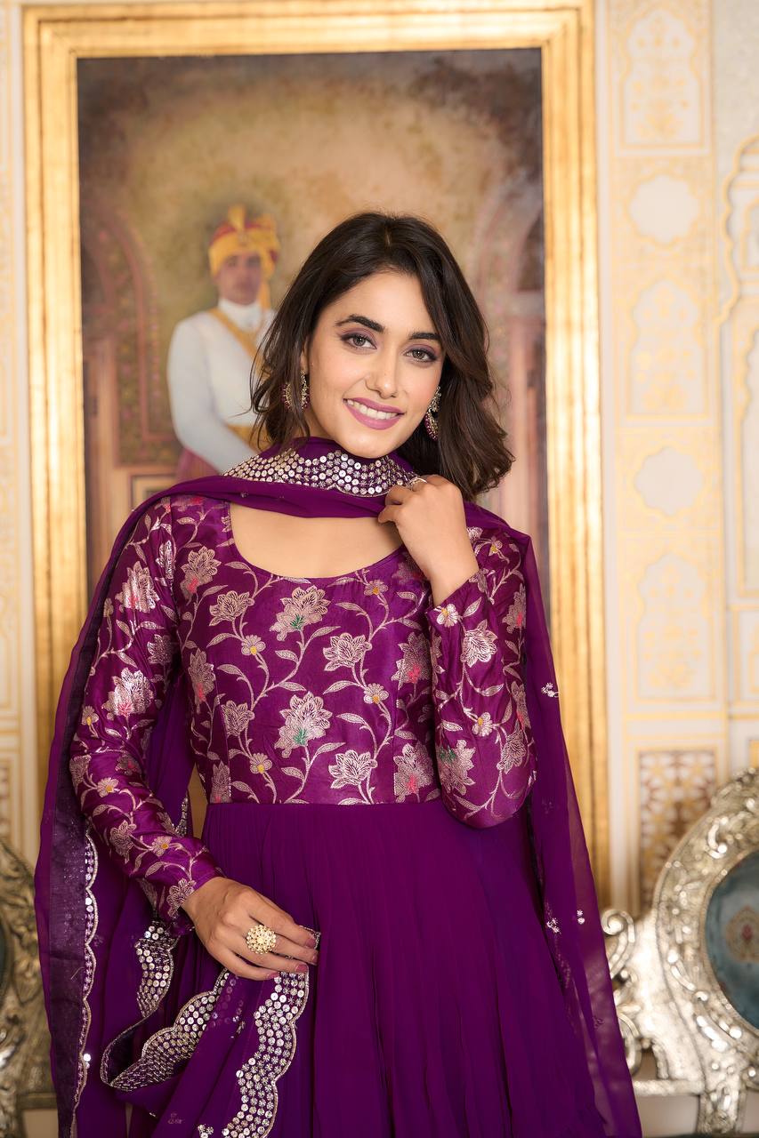 Eyes Catching Georgette Purple & Black Color Gown With Dupatta