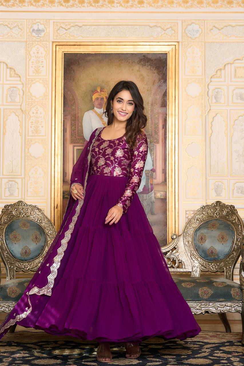 Eyes Catching Georgette Purple & Black Color Gown With Dupatta