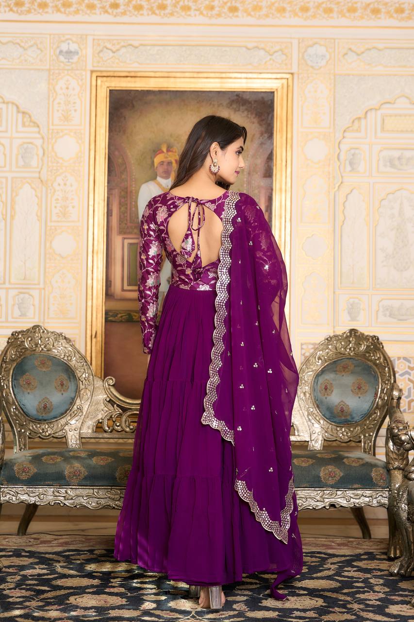 Eyes Catching Georgette Purple & Black Color Gown With Dupatta