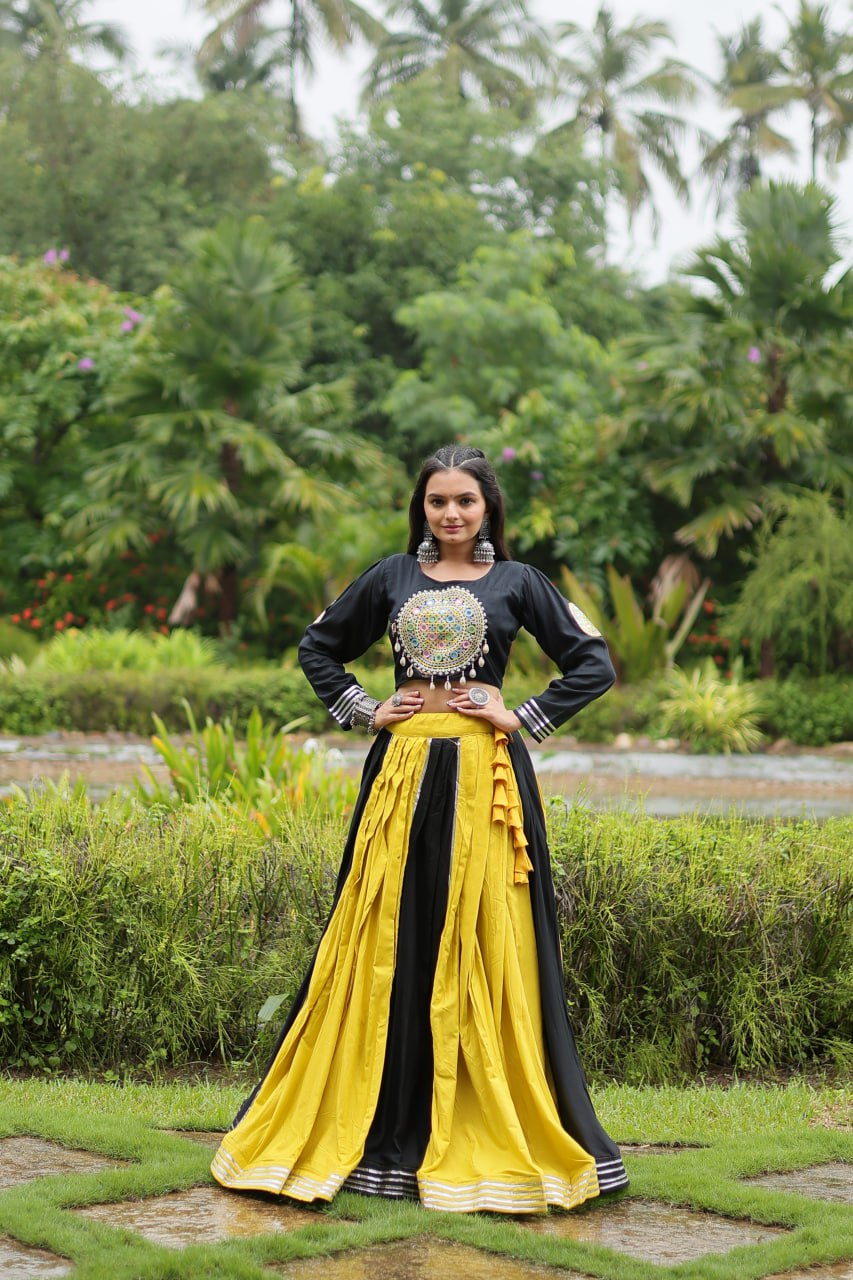 Navratri Reyon Gota-Patti Work Yellow Black Color Lehenga Choli