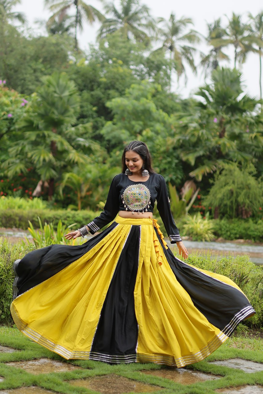 Navratri Reyon Gota-Patti Work Yellow Black Color Lehenga Choli