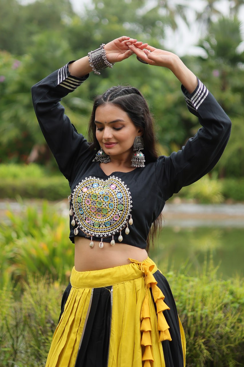 Navratri Reyon Gota-Patti Work Yellow Black Color Lehenga Choli