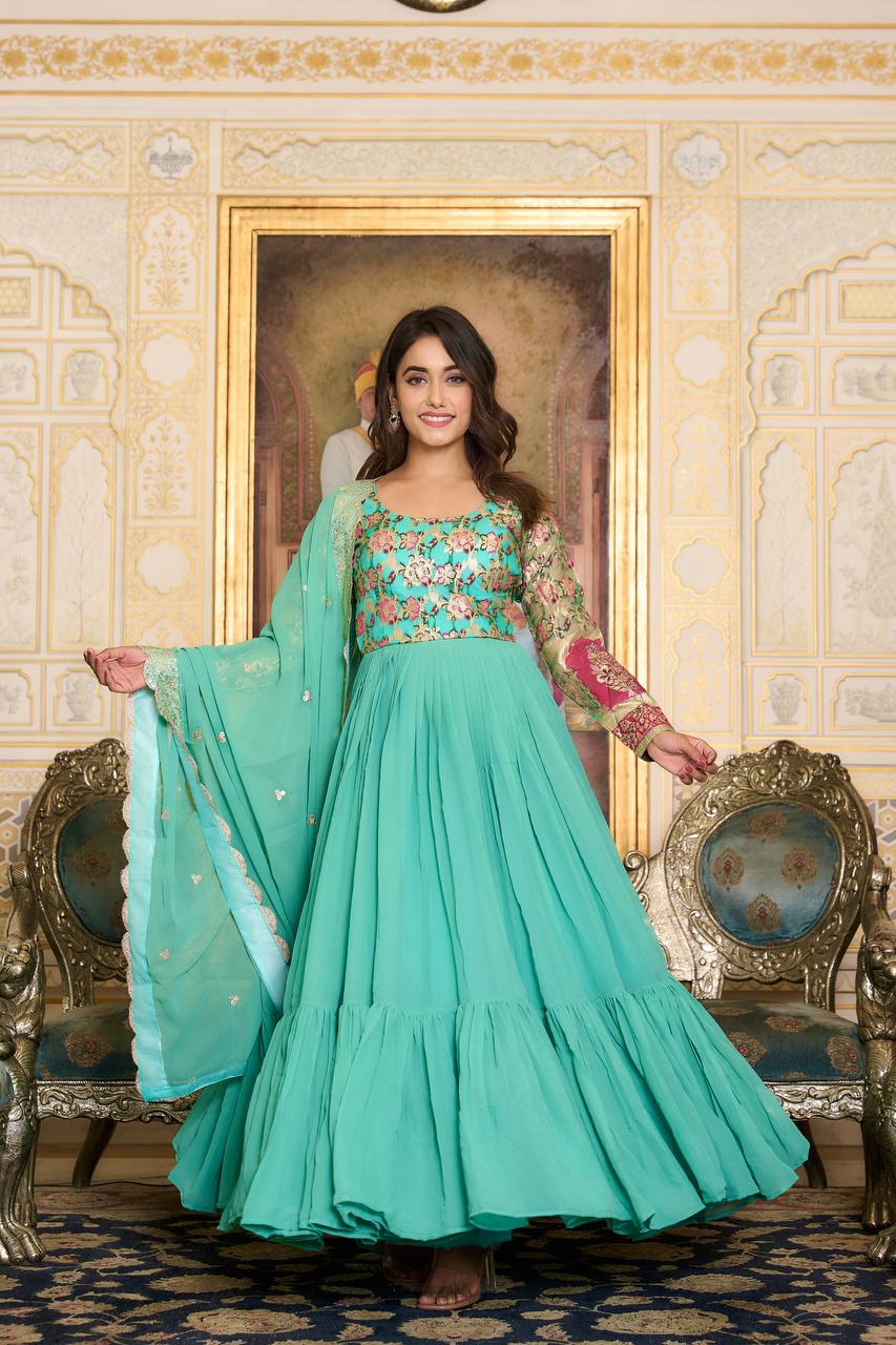 Occasion Wear Sky Blue & Pink Color Jecquard Work Gown