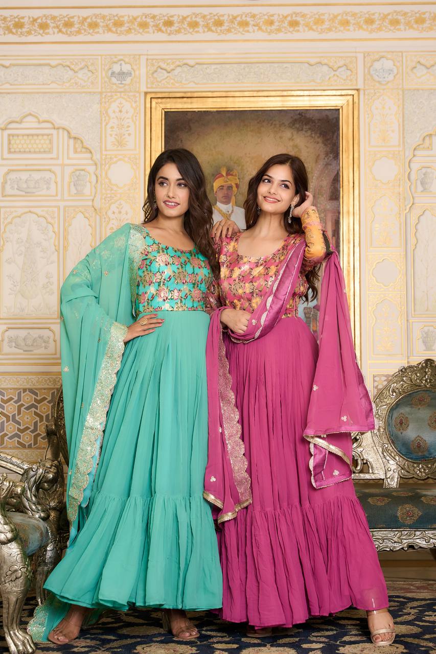 Occasion Wear Sky Blue & Pink Color Jecquard Work Gown