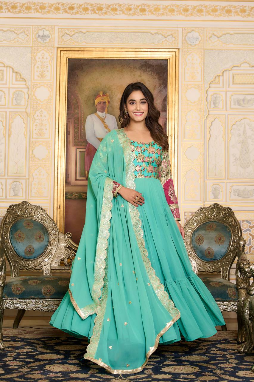Occasion Wear Sky Blue & Pink Color Jecquard Work Gown