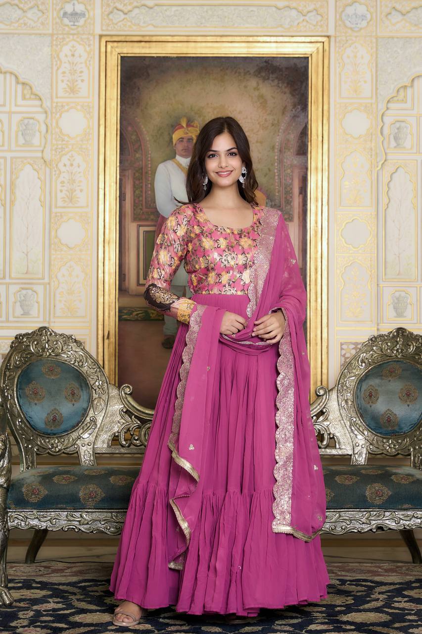 Occasion Wear Sky Blue & Pink Color Jecquard Work Gown