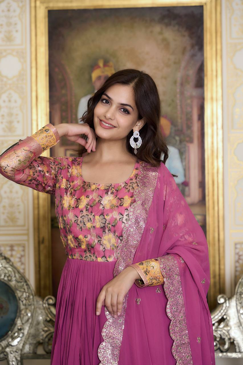 Occasion Wear Sky Blue & Pink Color Jecquard Work Gown
