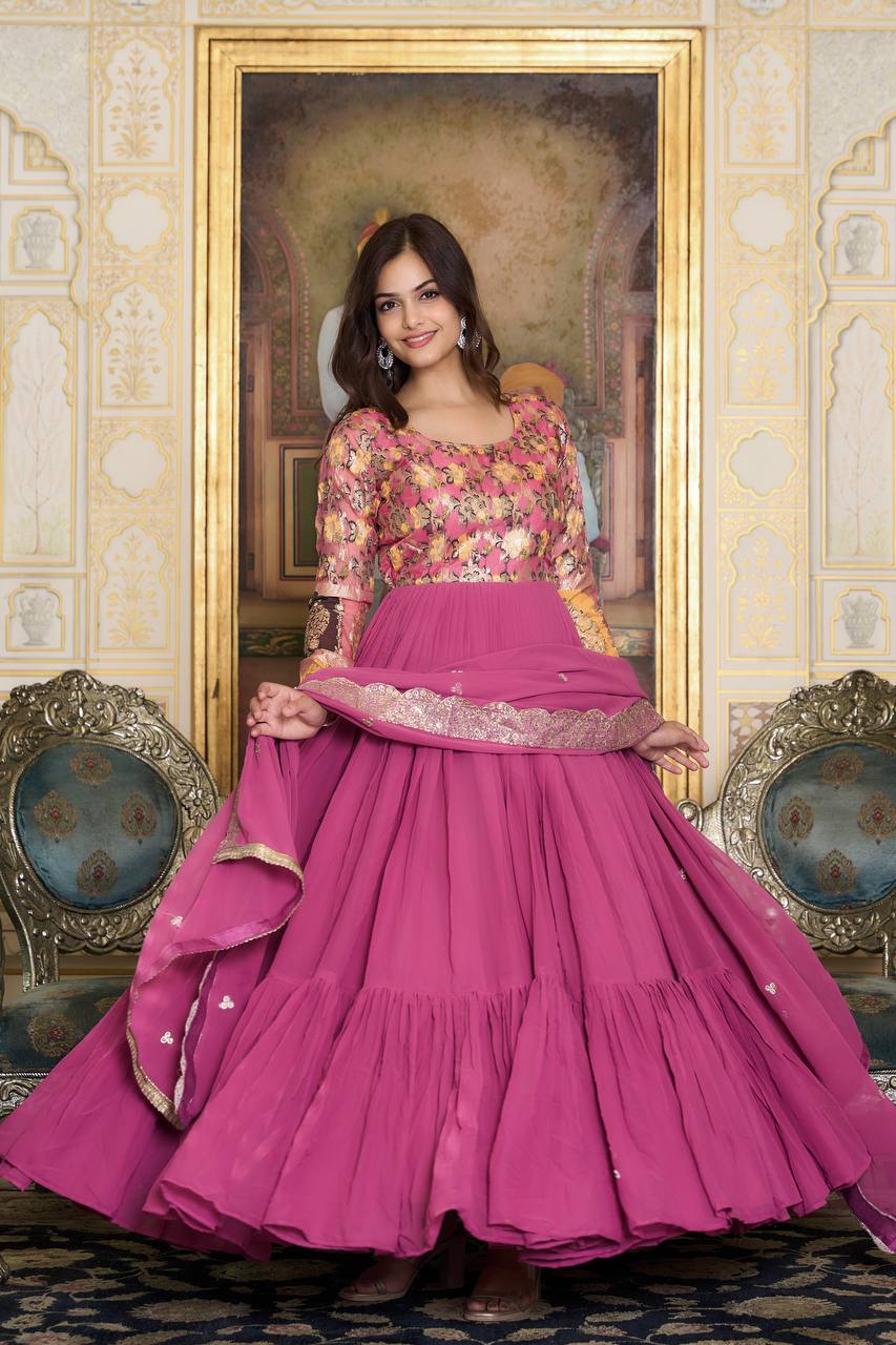 Occasion Wear Sky Blue & Pink Color Jecquard Work Gown