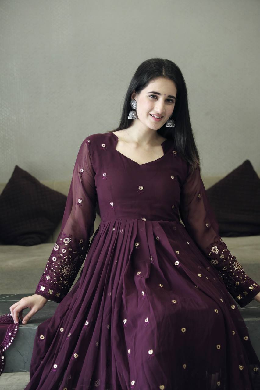 Preferable Embroidery Work Wine Color Gown TD-6033