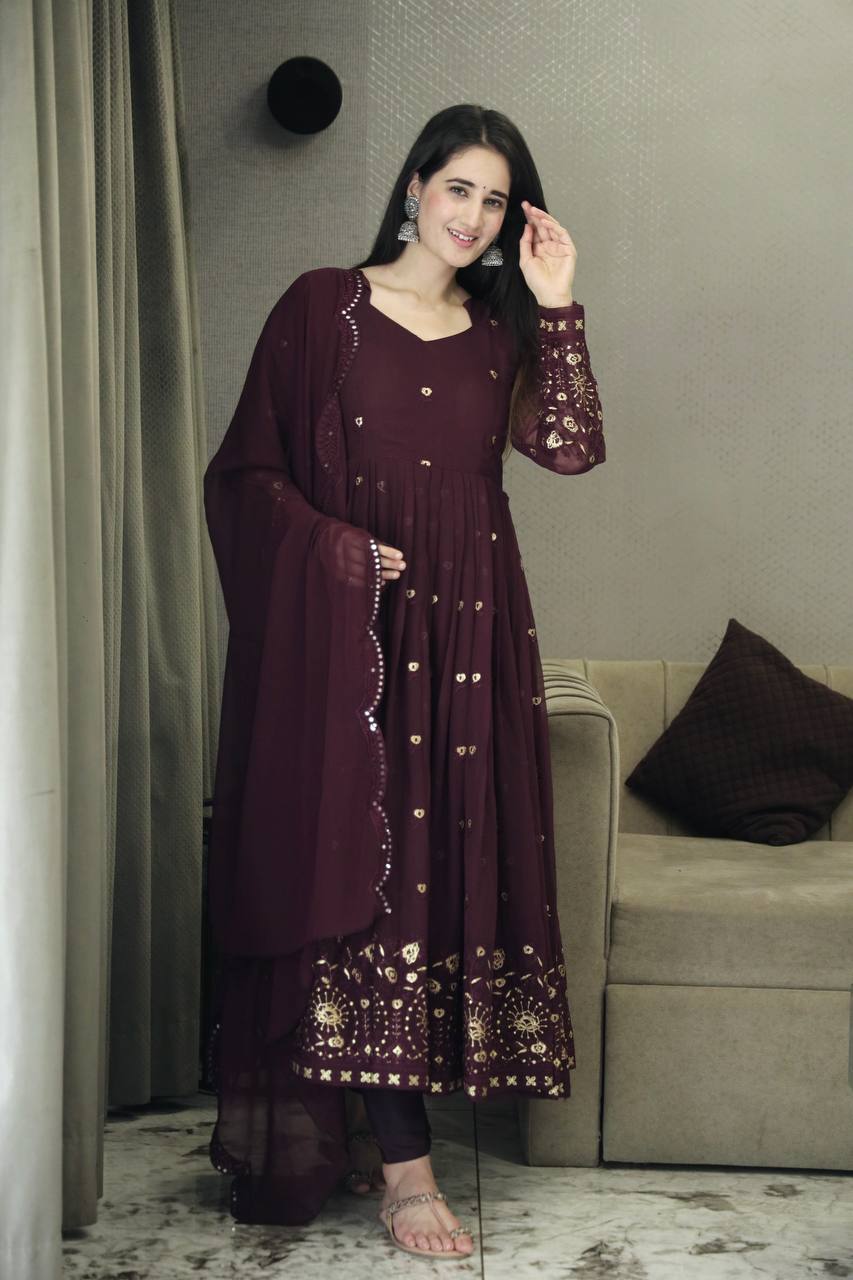 Preferable Embroidery Work Wine Color Gown TD-6033