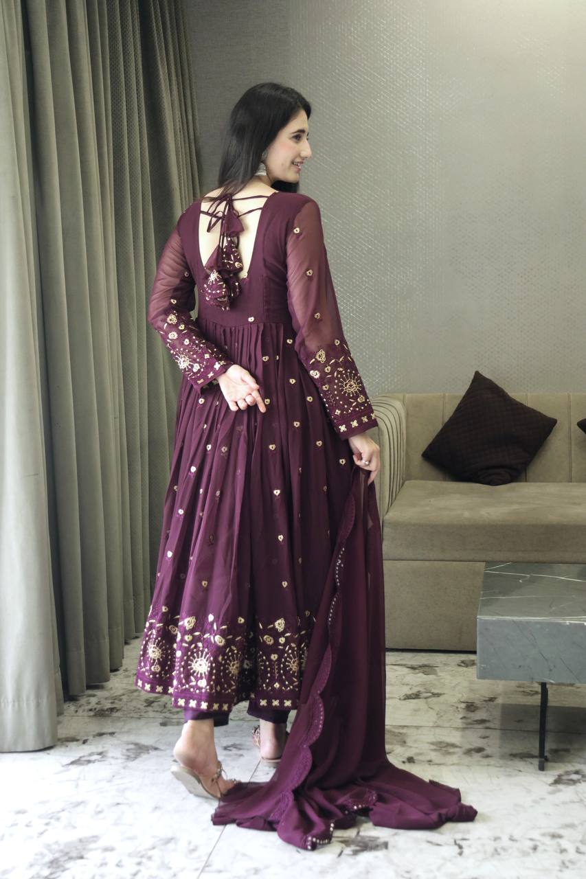 Preferable Embroidery Work Wine Color Gown TD-6033