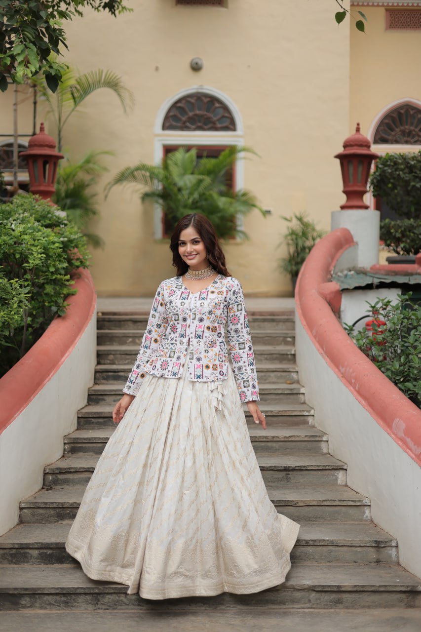 Delightful Viscose Jequard White Color Top With Lehenga
