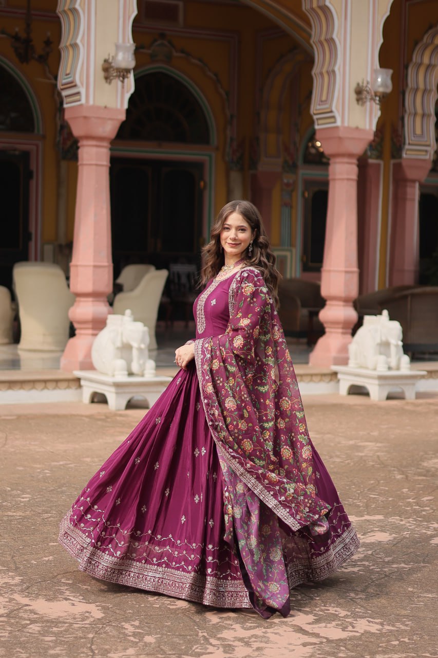Fabulous Purple And Wine Color Embroidered Work Kalamkari Border Gown