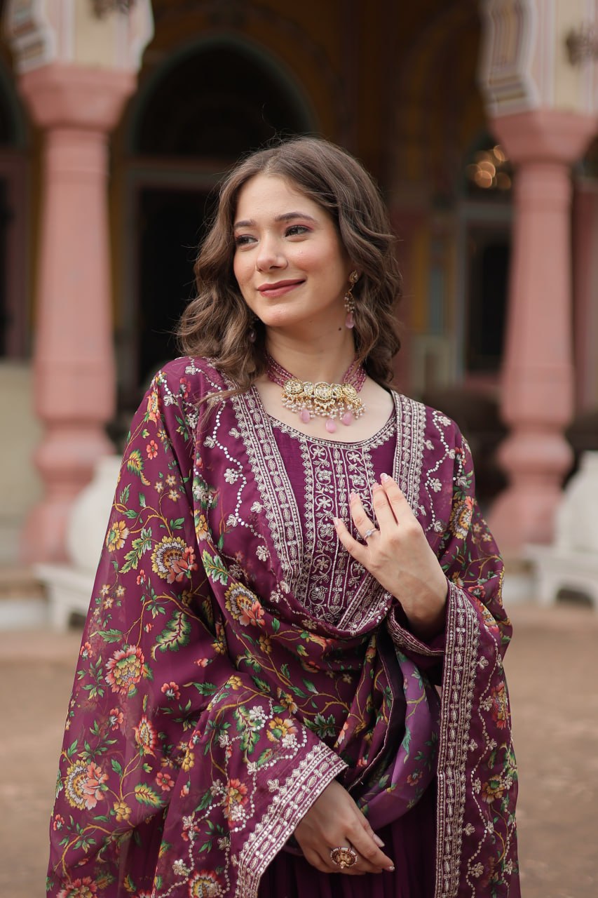 Fabulous Purple And Wine Color Embroidered Work Kalamkari Border Gown