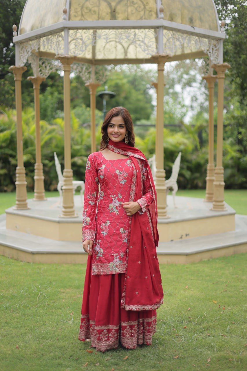 Embellished Chinnon Printed Teal Blue & Pink Color Shararan Suit