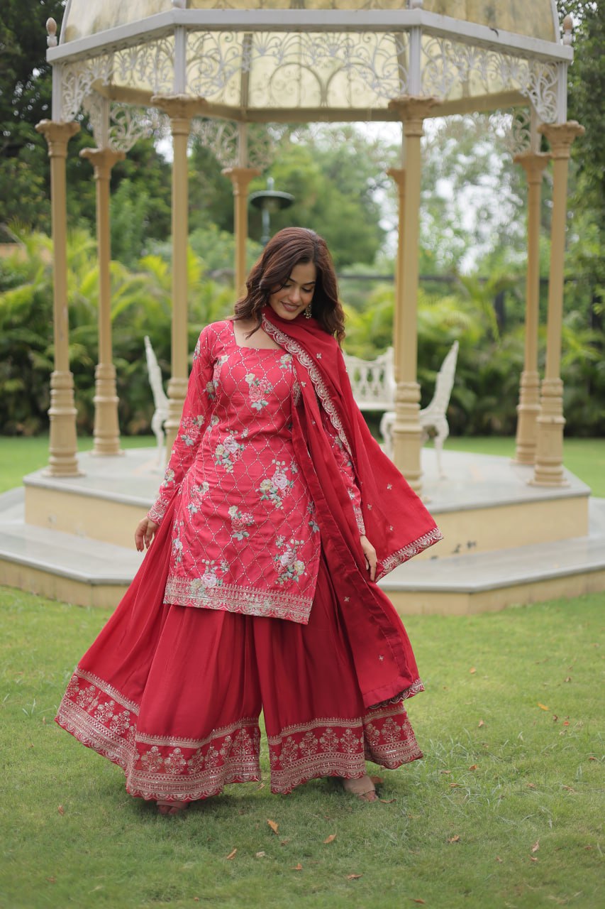 Embellished Chinnon Printed Teal Blue & Pink Color Shararan Suit
