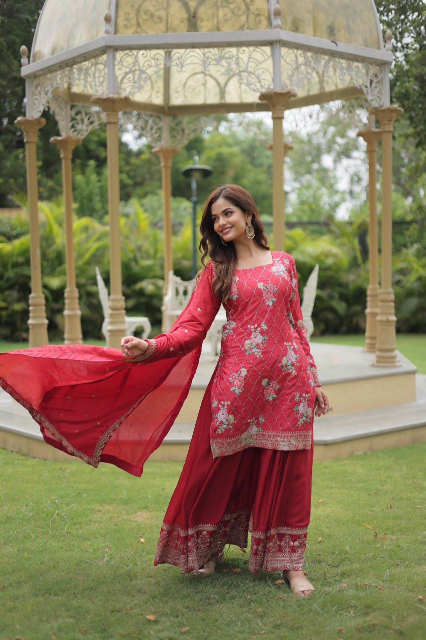 Embellished Chinnon Printed Teal Blue & Pink Color Shararan Suit