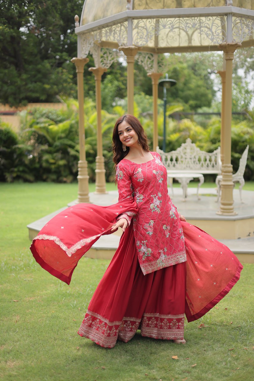 Embellished Chinnon Printed Teal Blue & Pink Color Shararan Suit