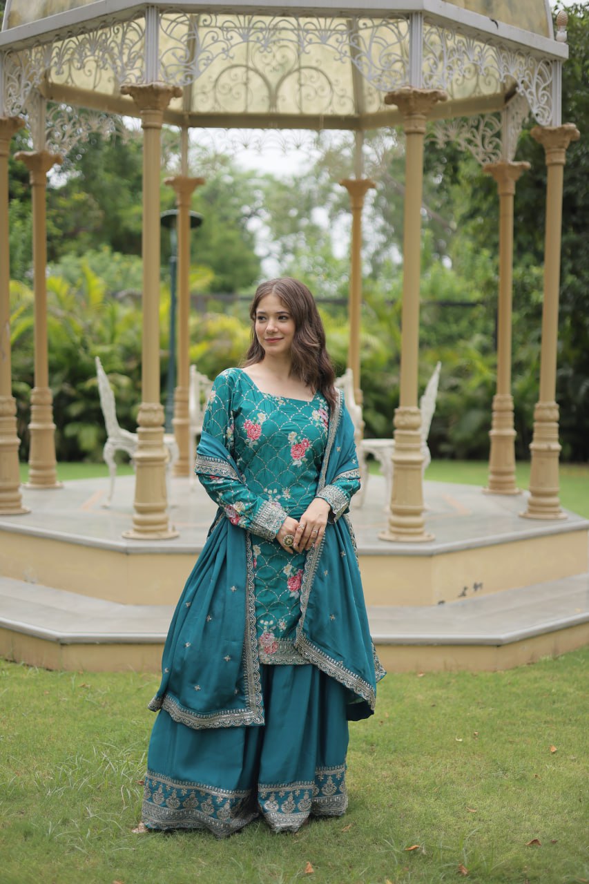 Embellished Chinnon Printed Teal Blue & Pink Color Shararan Suit