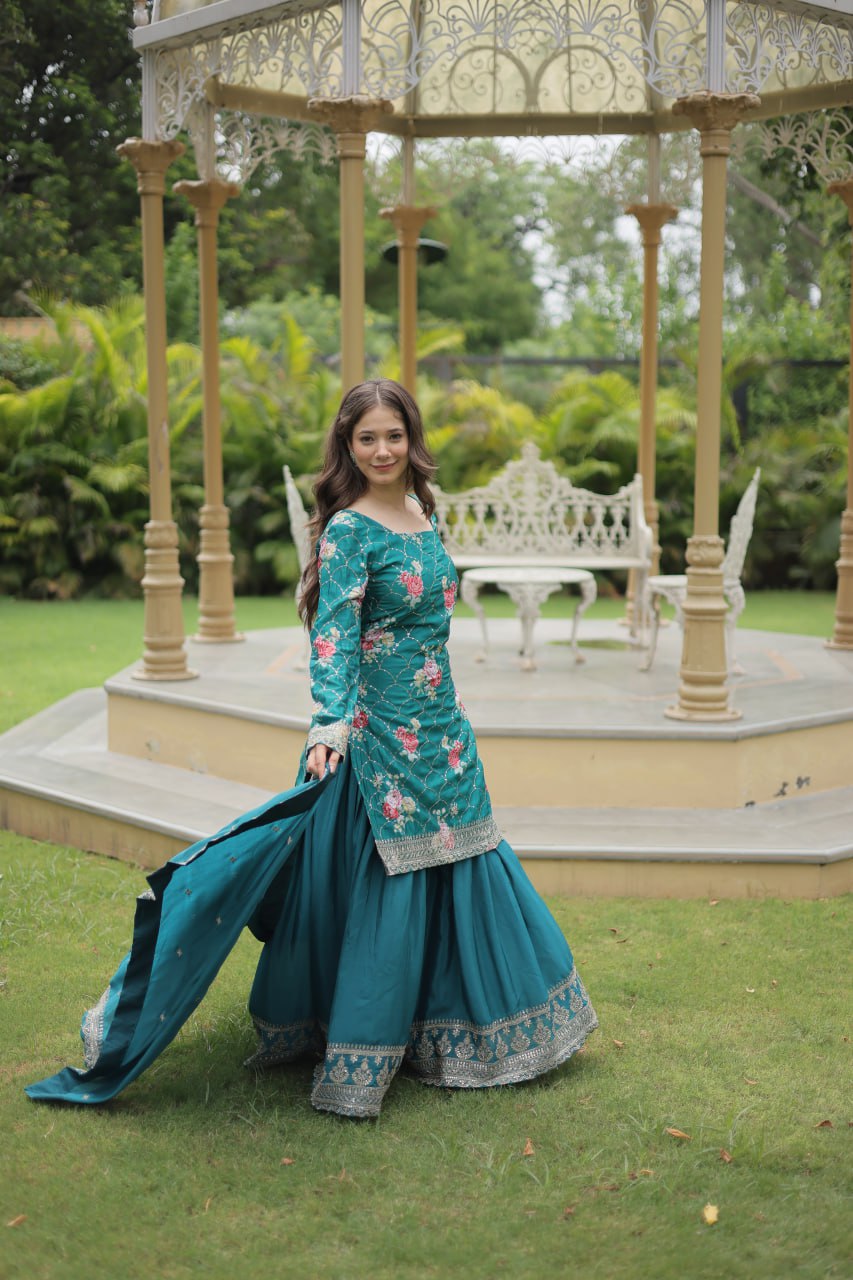Embellished Chinnon Printed Teal Blue & Pink Color Shararan Suit