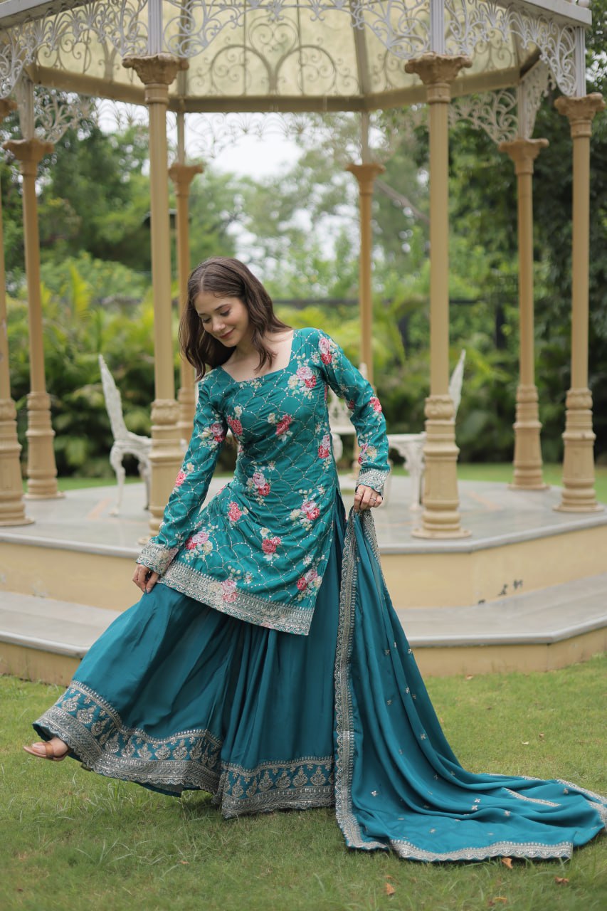 Embellished Chinnon Printed Teal Blue & Pink Color Shararan Suit