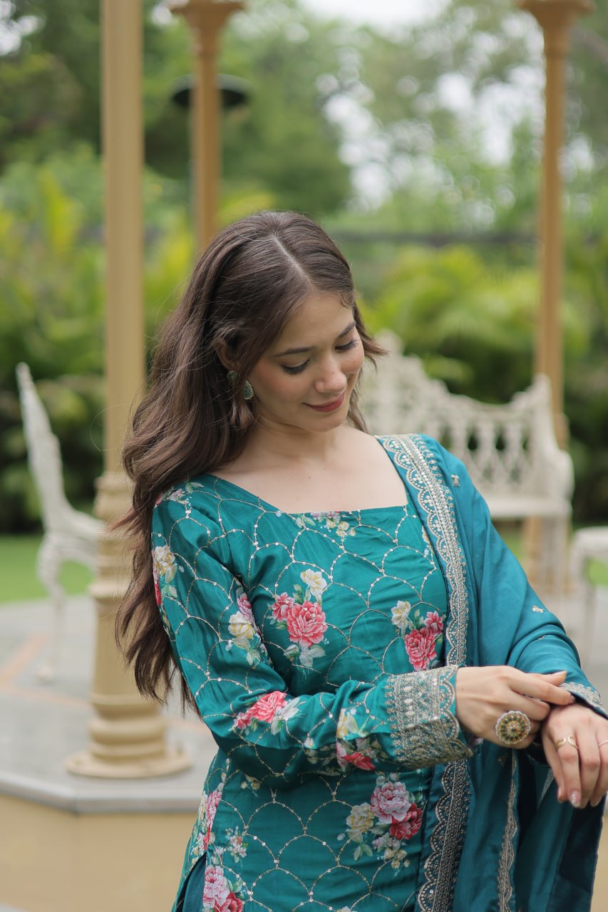 Embellished Chinnon Printed Teal Blue & Pink Color Shararan Suit