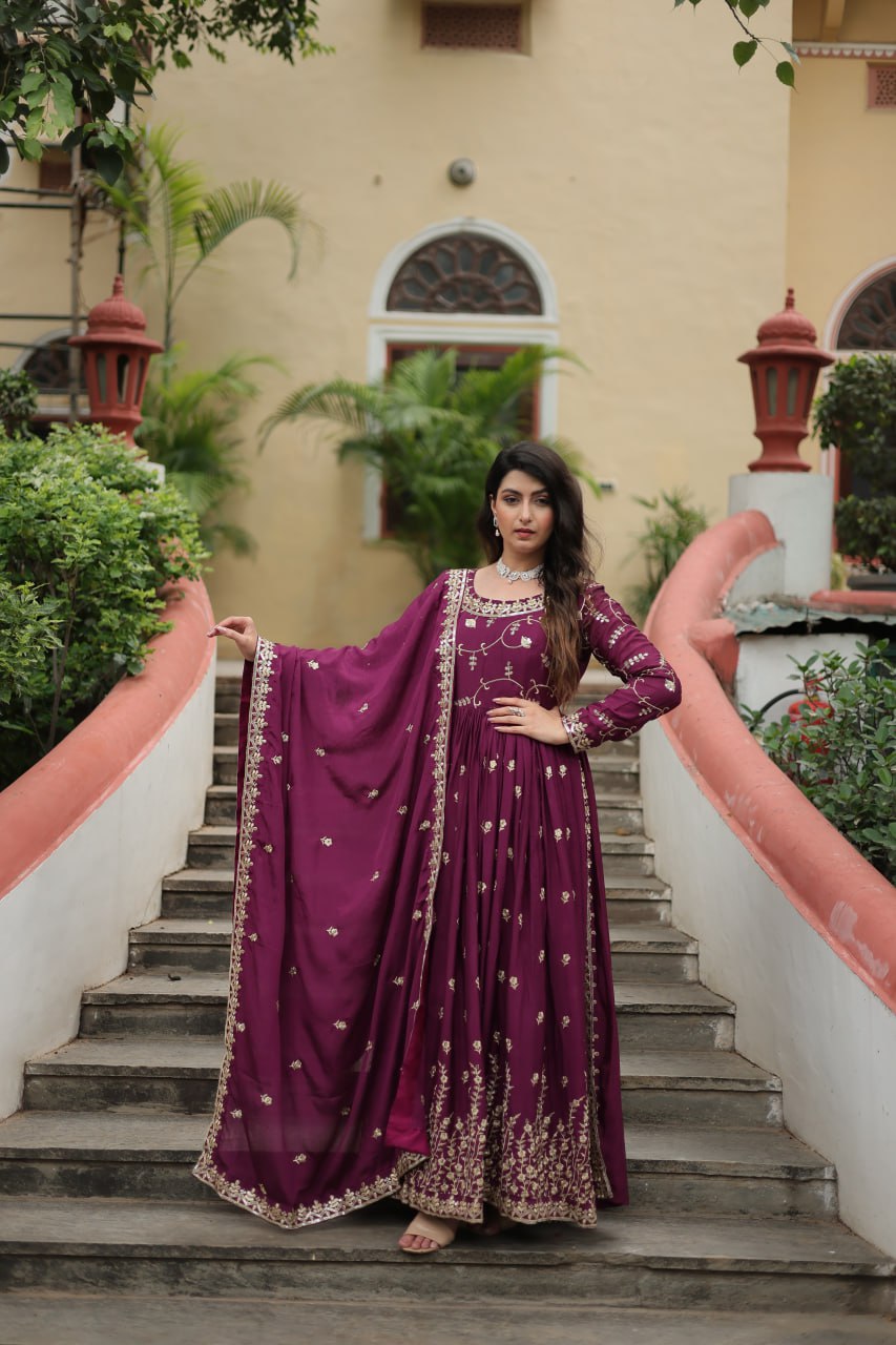 Wonderful Chinon Heavy Work Sky, Perrot & WIne Color Gown
