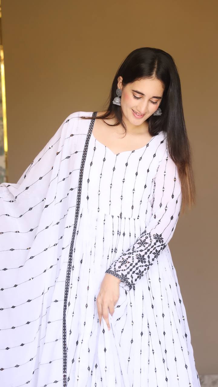 Imposing Black Embroidery Work White Color Gown TD-6036
