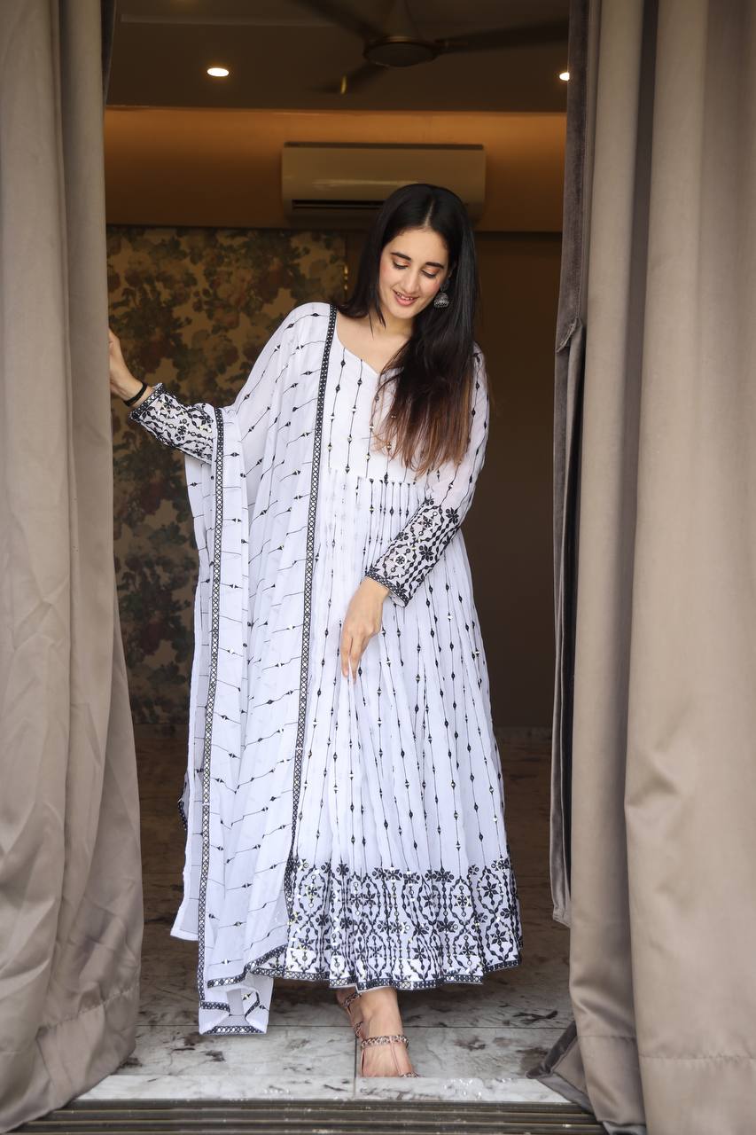 Imposing Black Embroidery Work White Color Gown TD-6036